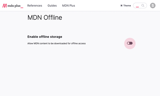 Screenshot showing MDN Offline page with the enable offline toggle highlighted.