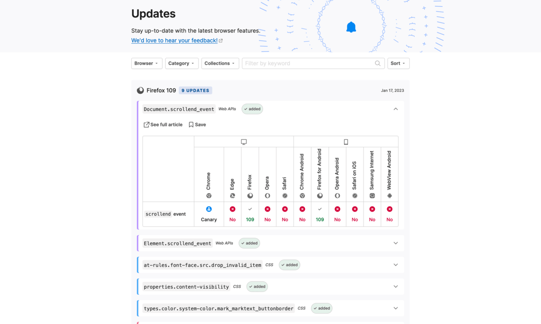 Expanded feature screenshot with the table, link to docs, watch and save