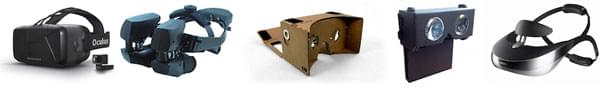 Five different VR devices, ranging from cardboard to high-end.
