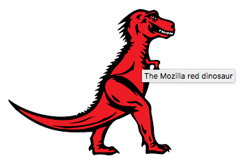 Screenshot of a red Tyrannosaurus Rex with the text "The mozilla red dinosaur" displayed as tooltip on mouseover.