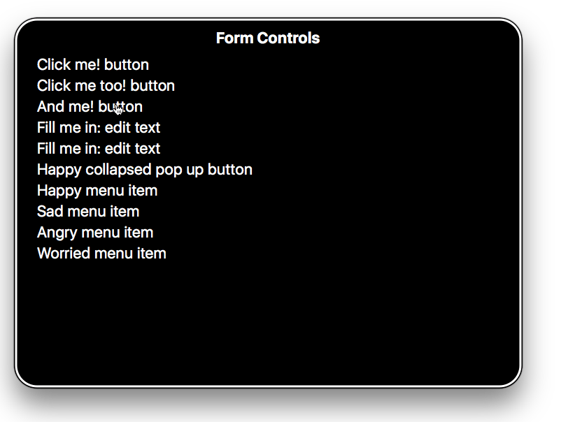 List of form input labels being listed by VoiceOver software on Mac. This list contains meaningless labels like 'happy menu button` given to various form controls like button, textfield and link
