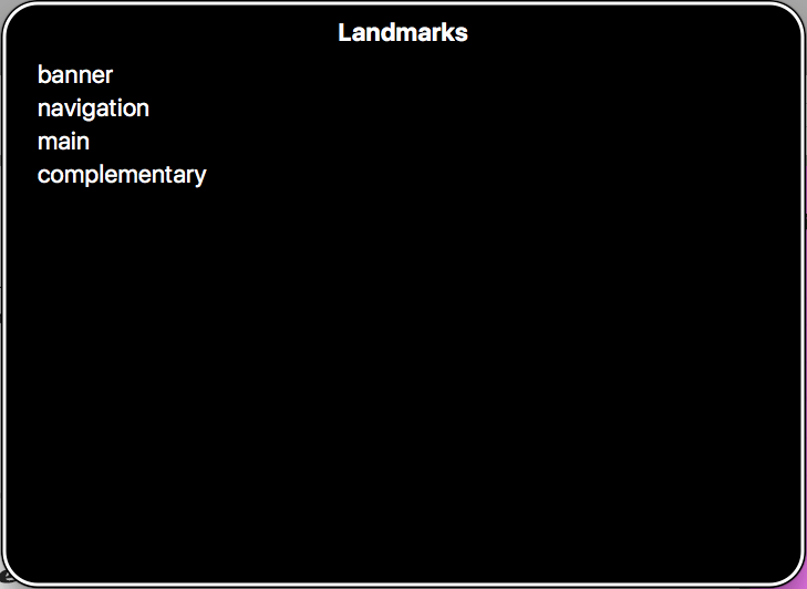 Mac's VoiceOver menu for quick accessibility. Landmarks header and landmarks list including banner, navigation, main, and complementary.