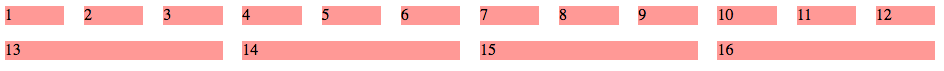 The grid has two rows. Each row is a flex container. The first row has twelve equal-width flex items. The second row has four equal-width flex items.