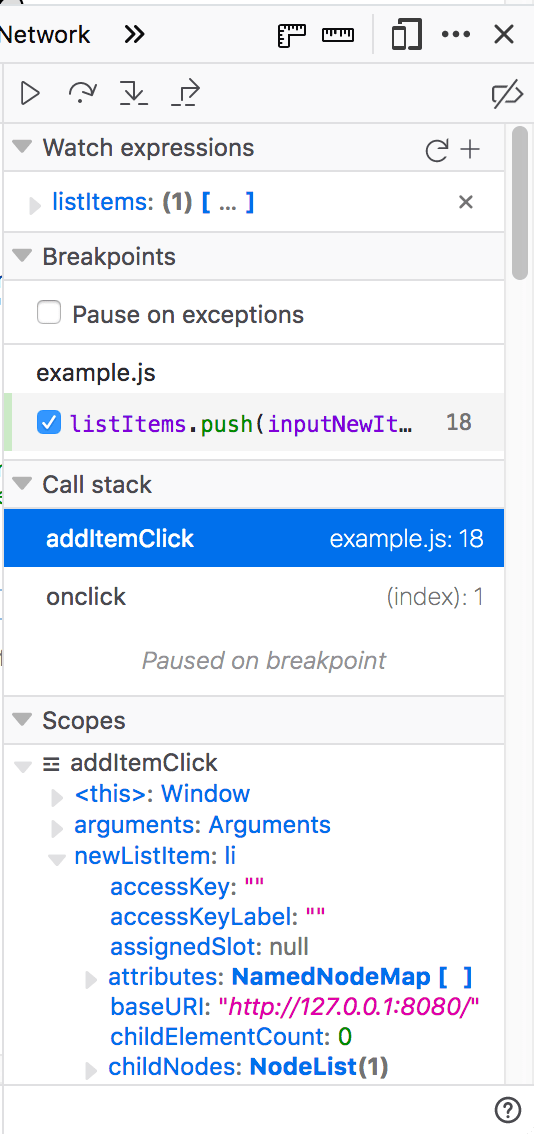 Snippet of the sources pane of the debugger tab of the browser developer tools. In the call stack it shows the function that is called at Line 18, highlighting that a breakpoint is set at this line and showing the scope.