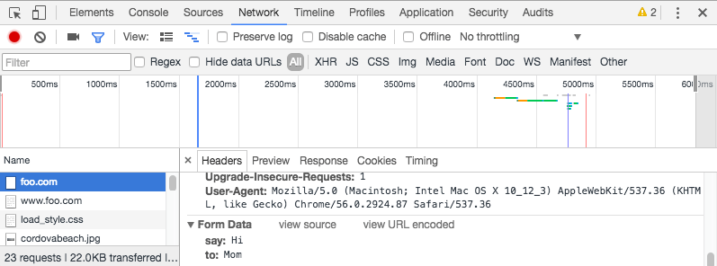 HTTP requests and response data in network monitoring tab in browser's developer tools