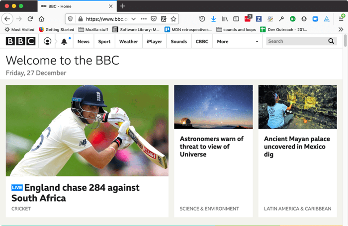front page of bbc.co.uk, showing many news items, and navigation menu functionality