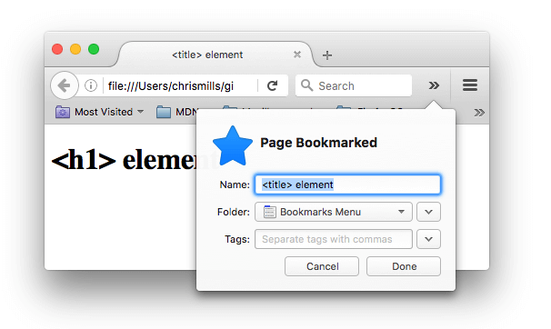 FirefoxでブックマークされているWebページ。ブックマーク名には、 <title> 要素の内容が自動的に付与されています。