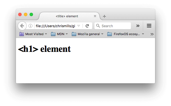 シンプルなウェブページで、タイトルに <title> 要素を設定し、 <h1> 要素を <h1> に設定したものです。