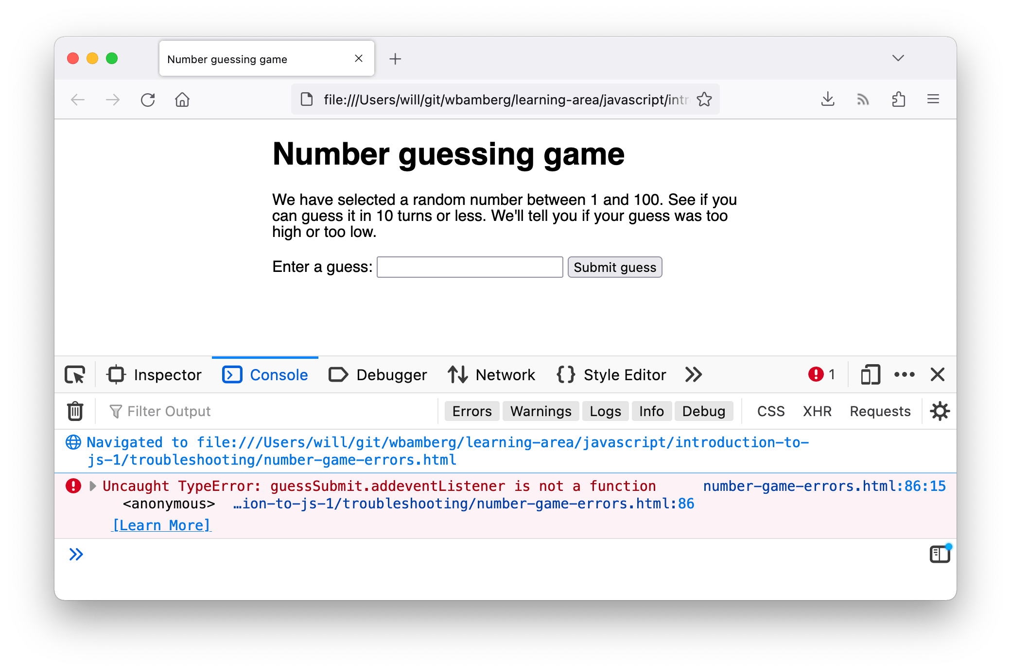 "Number guessing game" demo page in Firefox. One error is visible in the JavaScript console: "X TypeError: guessSubmit.addeventListener is not a function [Learn More] (number-game-errors.html:86:3)".