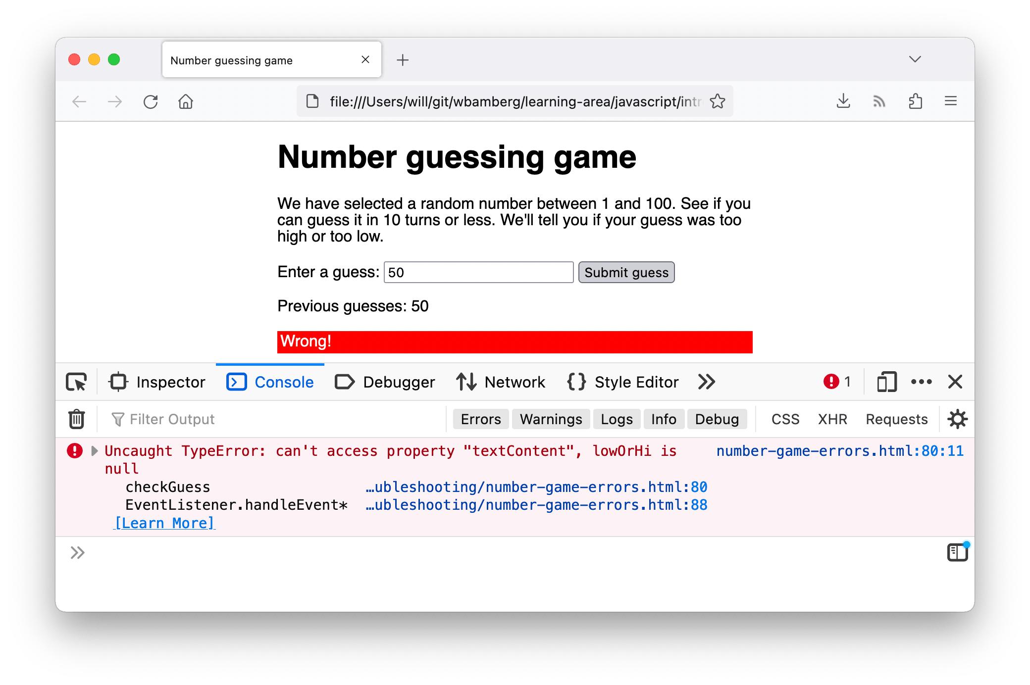 Screenshot of the same "Number guessing game" demo. This time, a different error is visible in the console, reading "X TypeError: lowOrHi is null".