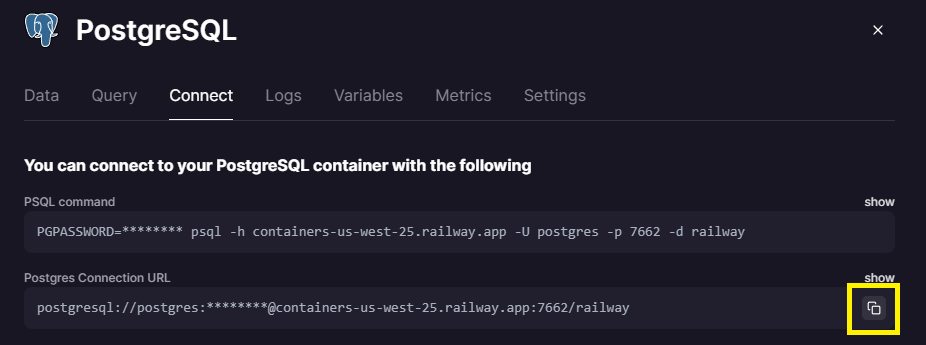 Railway website screen with provision Postgres container command line text and connection URL