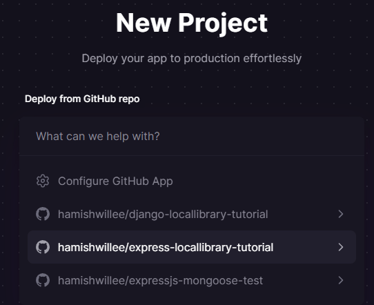 Railway popup showing github repos that can be deployed