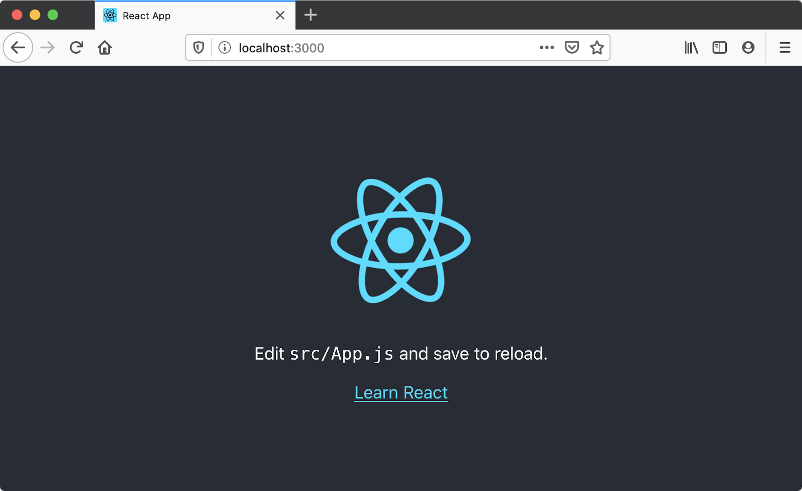 Screenshot of Firefox MacOS, open to localhost:3000, showing the default create-react-app application