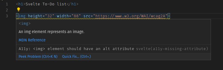 A code editor window showing an image tag, with a popup error message saying that the element should have an alt attribute