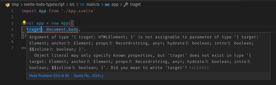 type checking in vs code - App object has been given an unknown property target