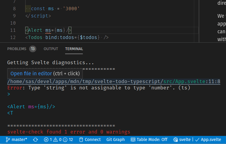 check command being run inside vs code showing type error, ms variable should be assigned a number