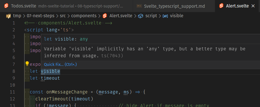 vs code screenshot showing that when you add type="ts" to a component, it gives you three dot alert hints