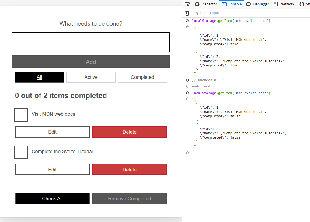 to-do app with web console view alongside it, showing that when a to-do is changed in the app, the corresponding entry is changed in web storage