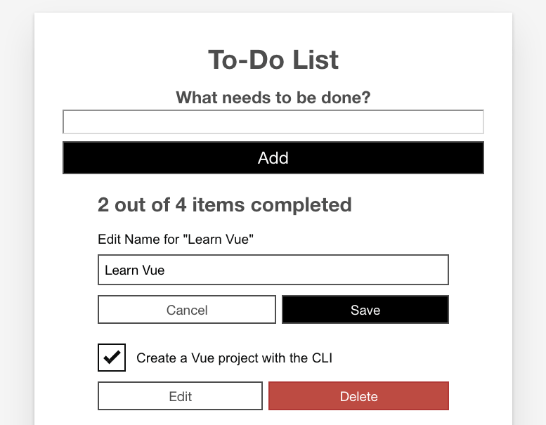 The todo list app, with Edit and Delete buttons shown, and one of the todos in edit mode, with an edit input and save and cancel buttons shown