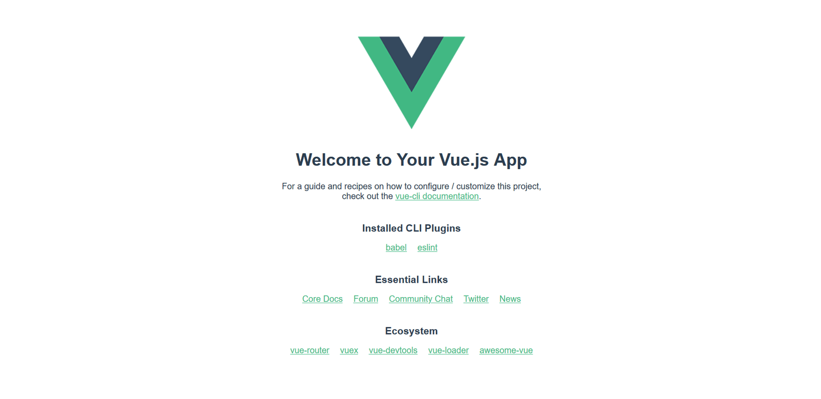 default Vue app render, with Vue logo, welcome message, and some documentation links