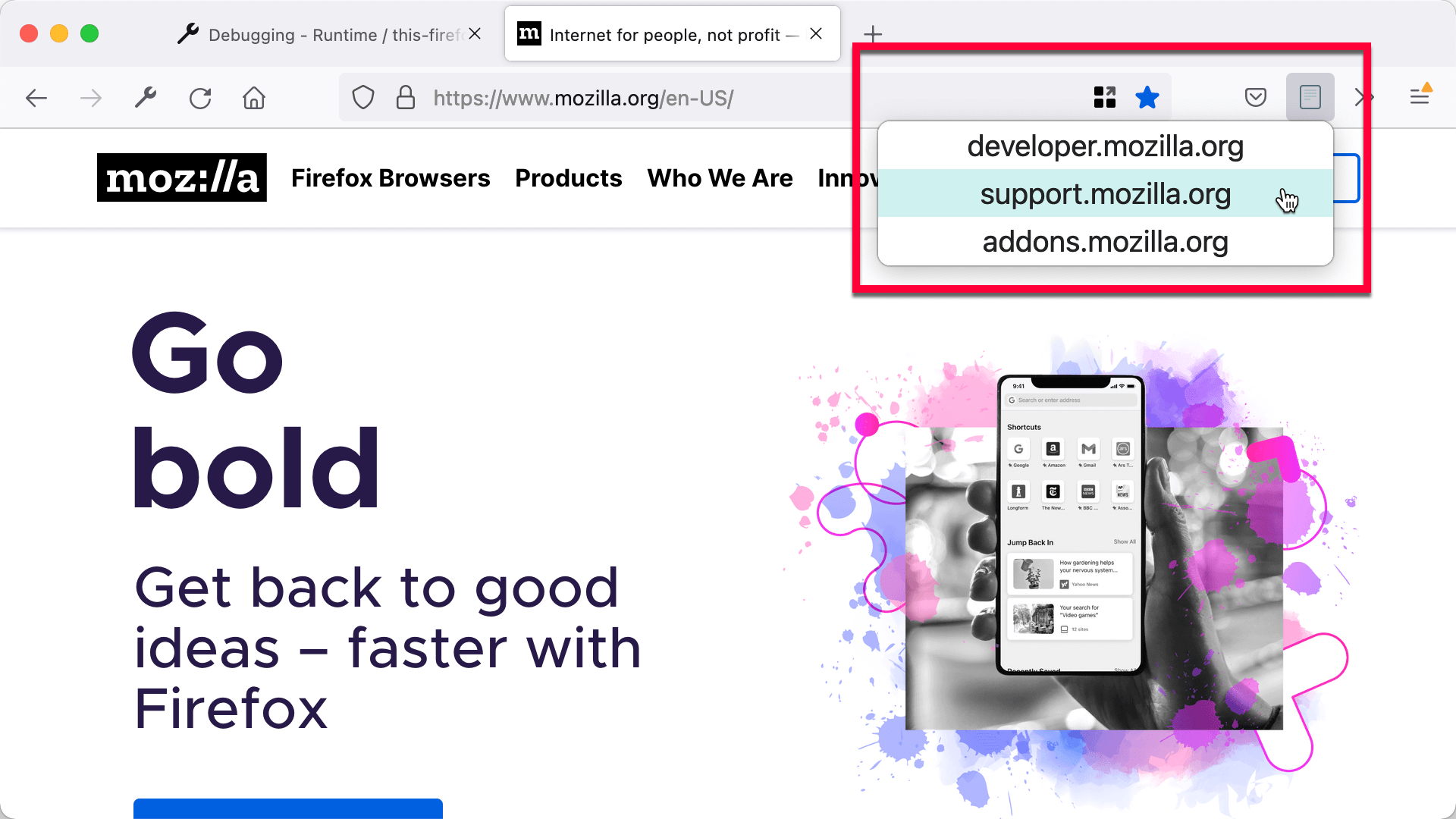 The toolbar button added by the extension with a popup
