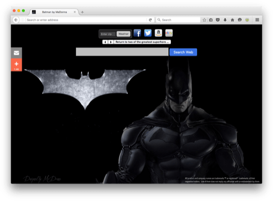 My Web New Tab add-on showing a Batman theme