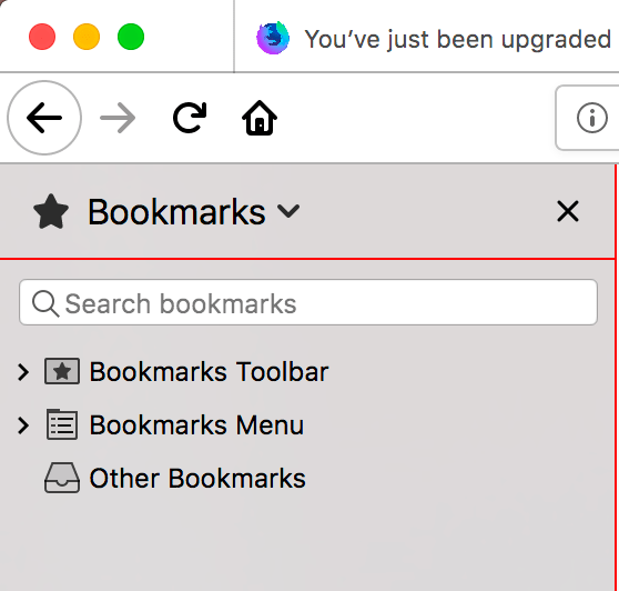 A closeup of the firefox browser bookmarks sidebar with a red horizontal separator between the sidebar title and the sidebar menu. The border and splitter color of the sidebar is red.