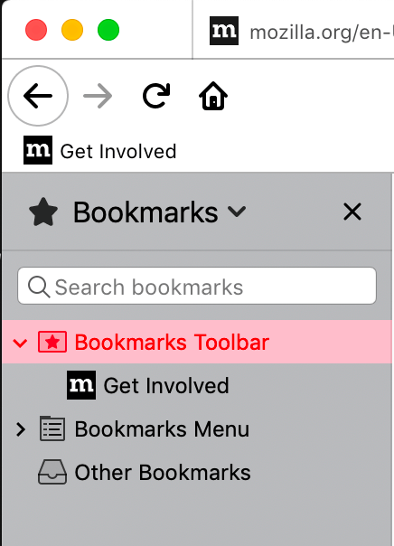 A closeup of the firefox browser bookmarks sidebar with a highlighted item. The color of the text of a highlighted row in the sidebar is red. The text color contrasts well with the pink background color of the highlighted row.
