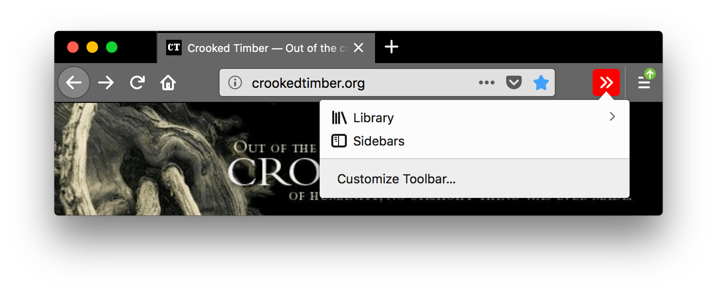 Browser firefox is black. Browser's tabs and URL bar are grey with white text. The customize toolbar icon in the url bar in white with a red background is pressed and a popup is open displaying a short list of thing to add to the toolbar such as the browser's library and the sidebars.