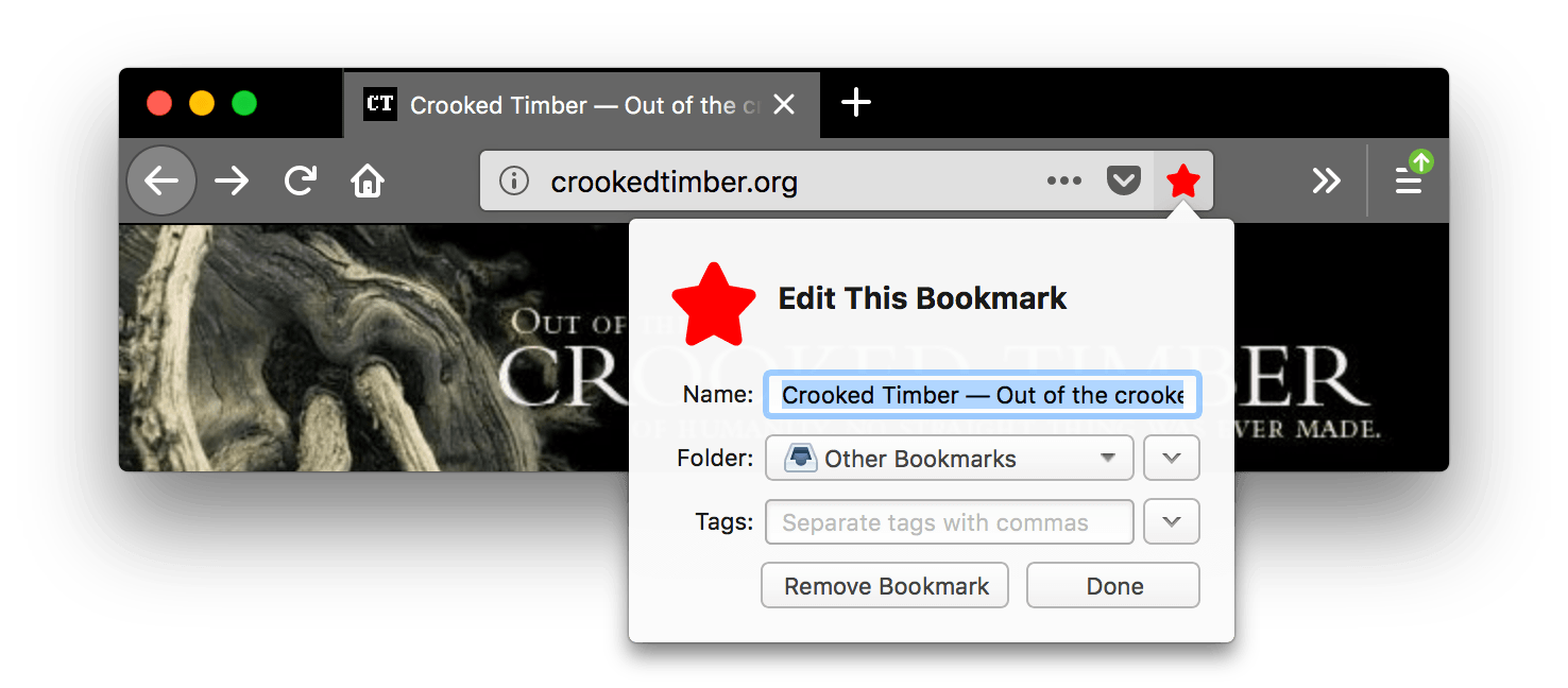Browser firefox is black. Browser's tabs and URL bar are grey with white text. The bookmark this page icon is red and pressed, an open popup name edit this bookmark is displayed. While in attention state, the toolbar icons contrast well with the black background of the header area.