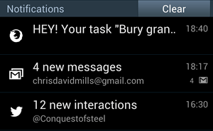 Android device notifications feed containing a list of several alerts from multiple sources.