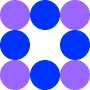 Square image containing eight circles. The circles in each corner are light purple. The four side circles are blue. The area in the middle, where a ninth circle could fit, is blank.