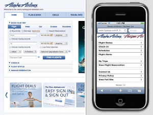 Screen shot of the Alaska Air desktop site on the left, and an iPhone showing the mobile version of the same page