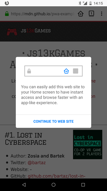 Screenshot of a mobile phone display with a popup saying "You can easily add this web site to your Home screen to have instant access and browse faster with an app-like experience", with a link to continue to the website below the text.